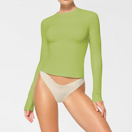 Green Crop Round Neck Long Sleeves Top