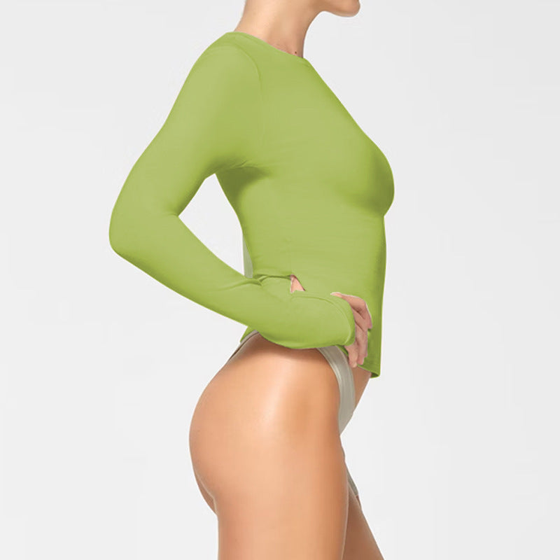 Green Crop Round Neck Long Sleeves Top