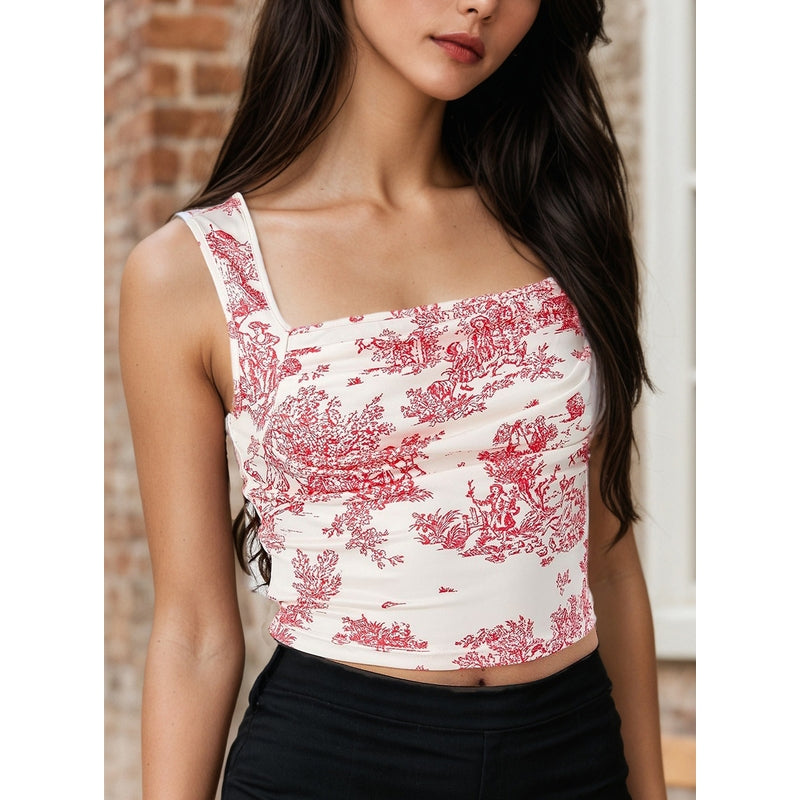 Women Printed Square Neck Sleeveless Fitted Top