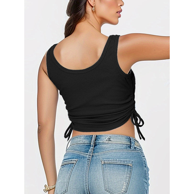 Women Solid Ruched Round Neck Cotton Top
