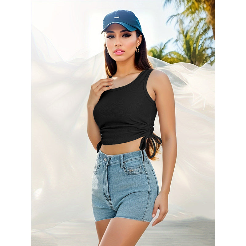 Women Solid Ruched Round Neck Cotton Top