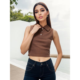 Women Solid Shirt Collar Cotton Top