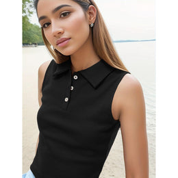 Women Solid Shirt Collar Cotton Top