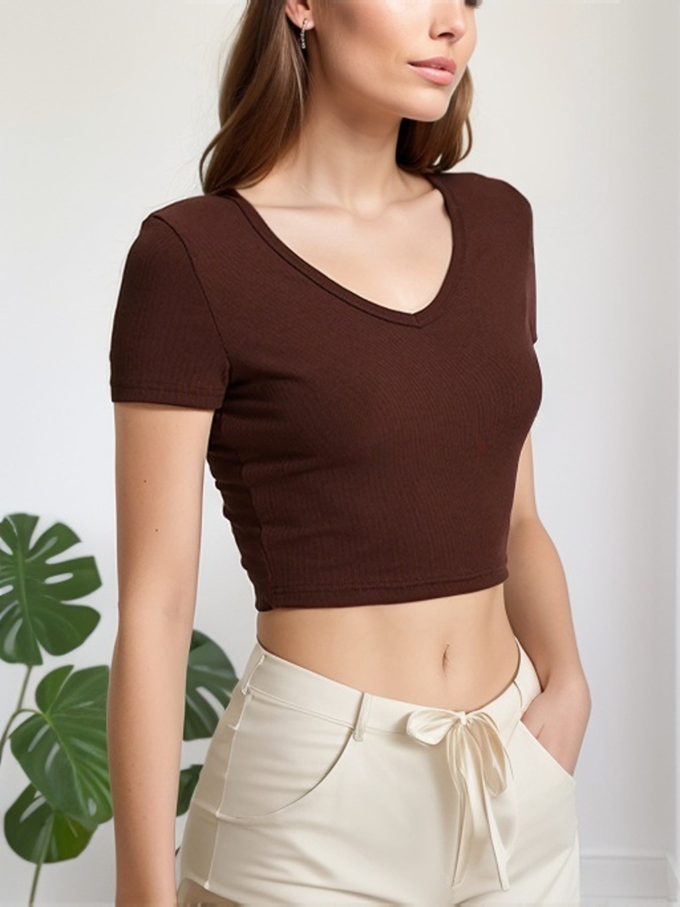 Solid V-Neck Crop Top