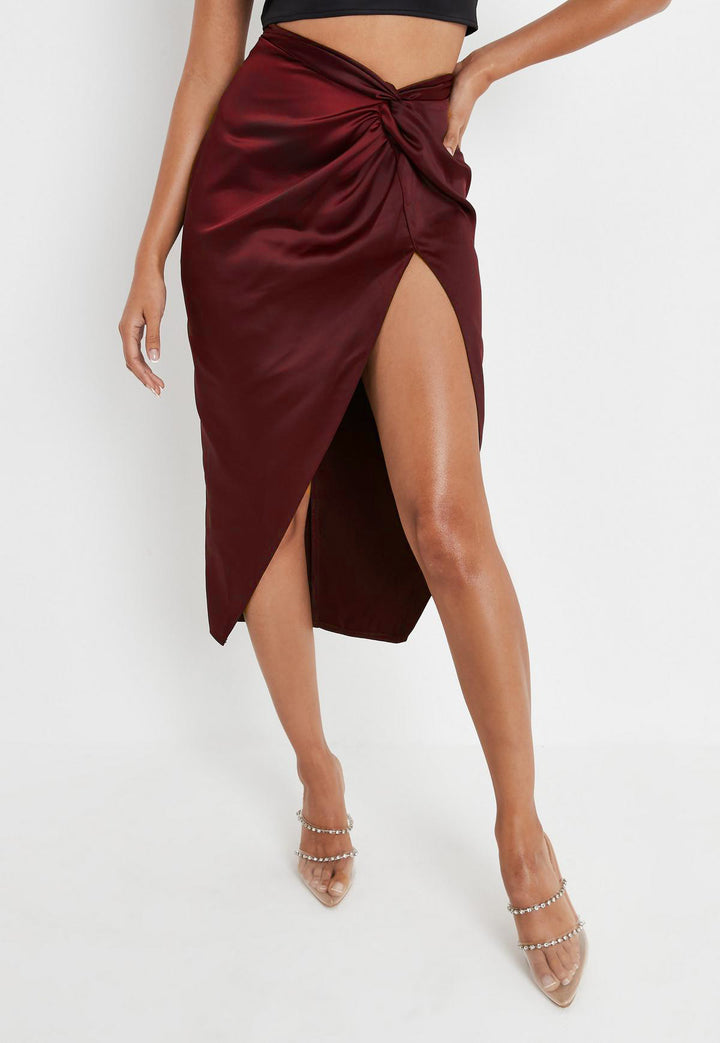 Maroon Solid A-Line Midi Skirt with Slit