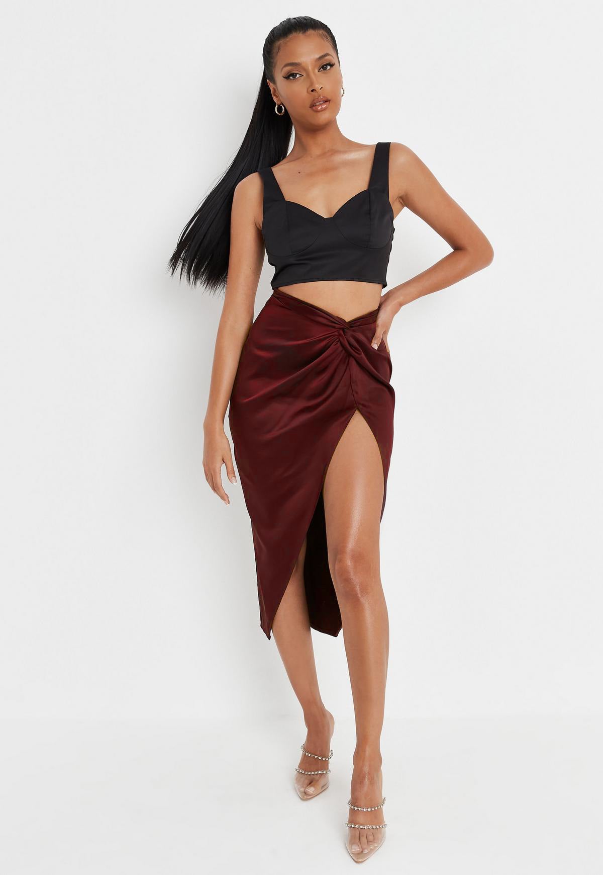 Maroon Solid A-Line Midi Skirt with Slit