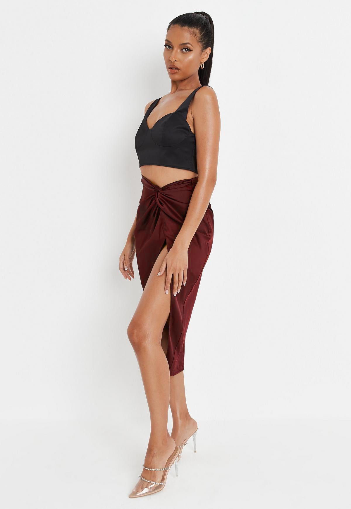 Maroon Solid A-Line Midi Skirt with Slit
