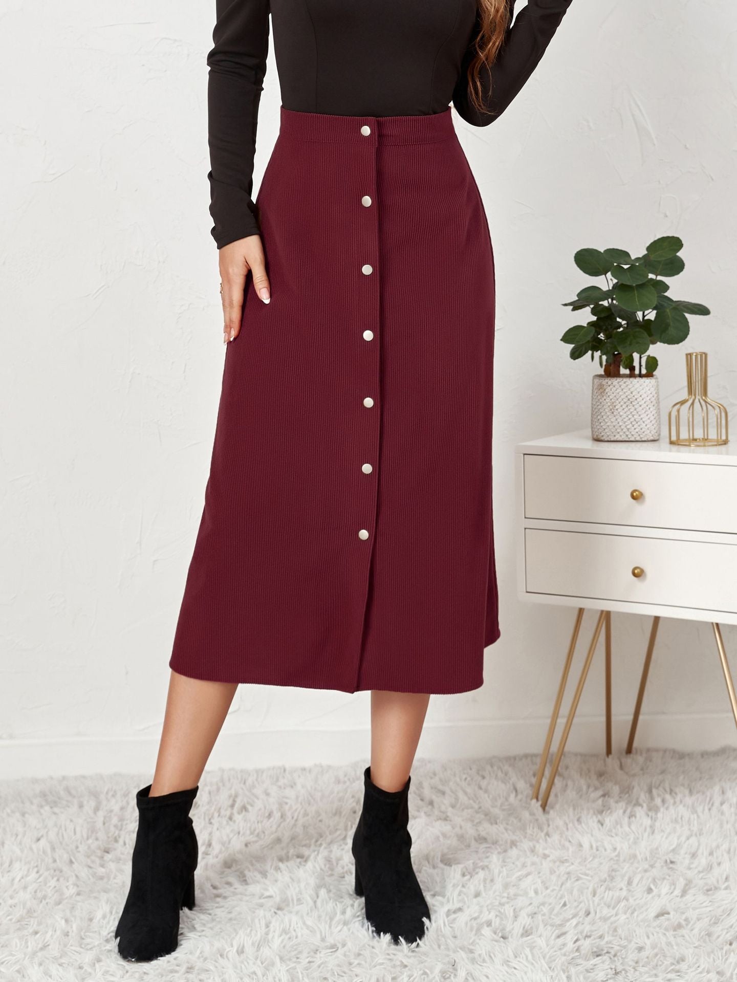 Women Button Up A-Line Midi Skirt