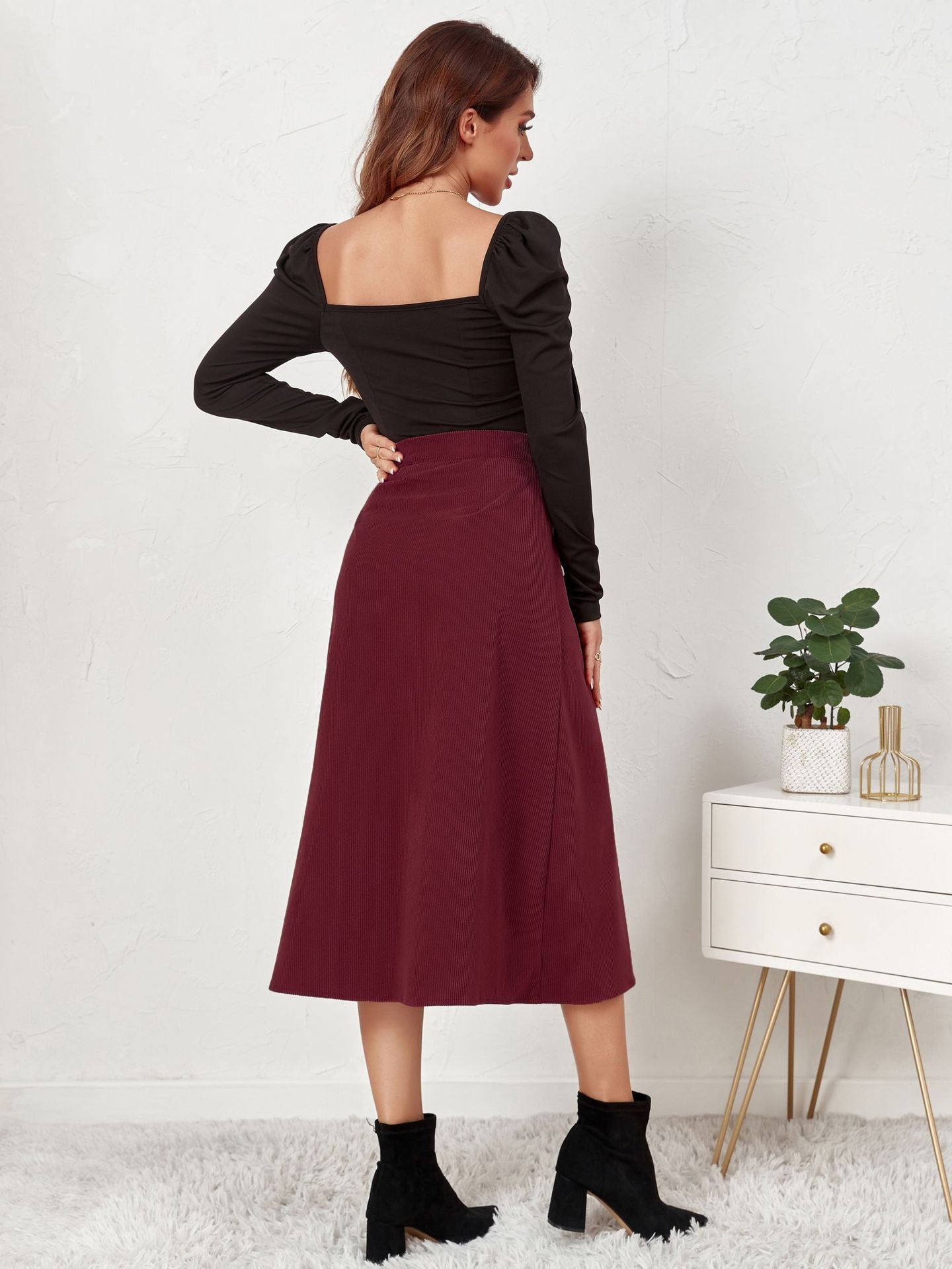 Women Button Up A-Line Midi Skirt