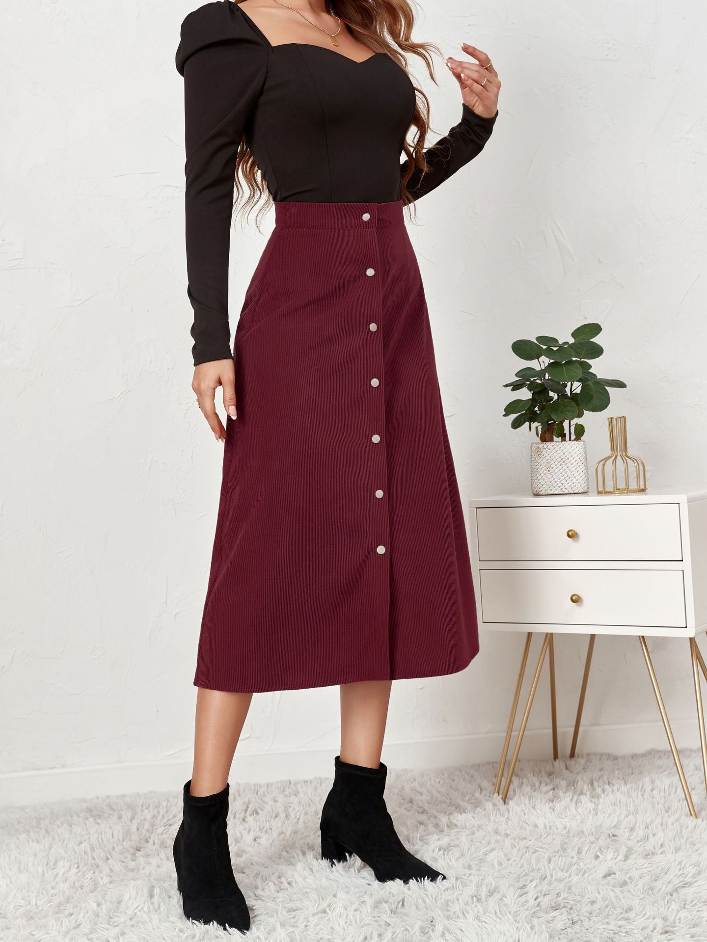 Women Button Up A-Line Midi Skirt