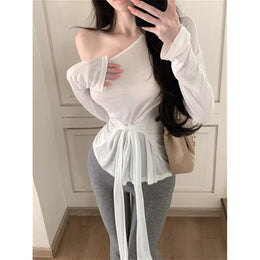Women One Shoulder Waist Tie-Ups Long Sleeves Top