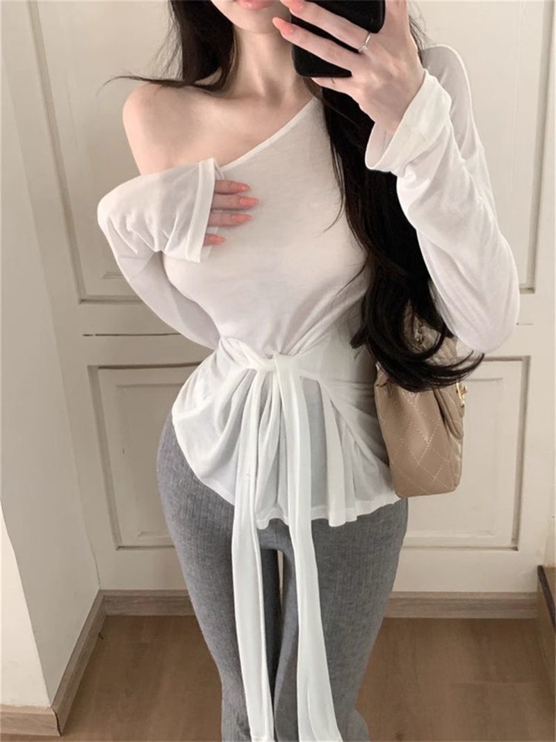 Women One Shoulder Waist Tie-Ups Long Sleeves Top