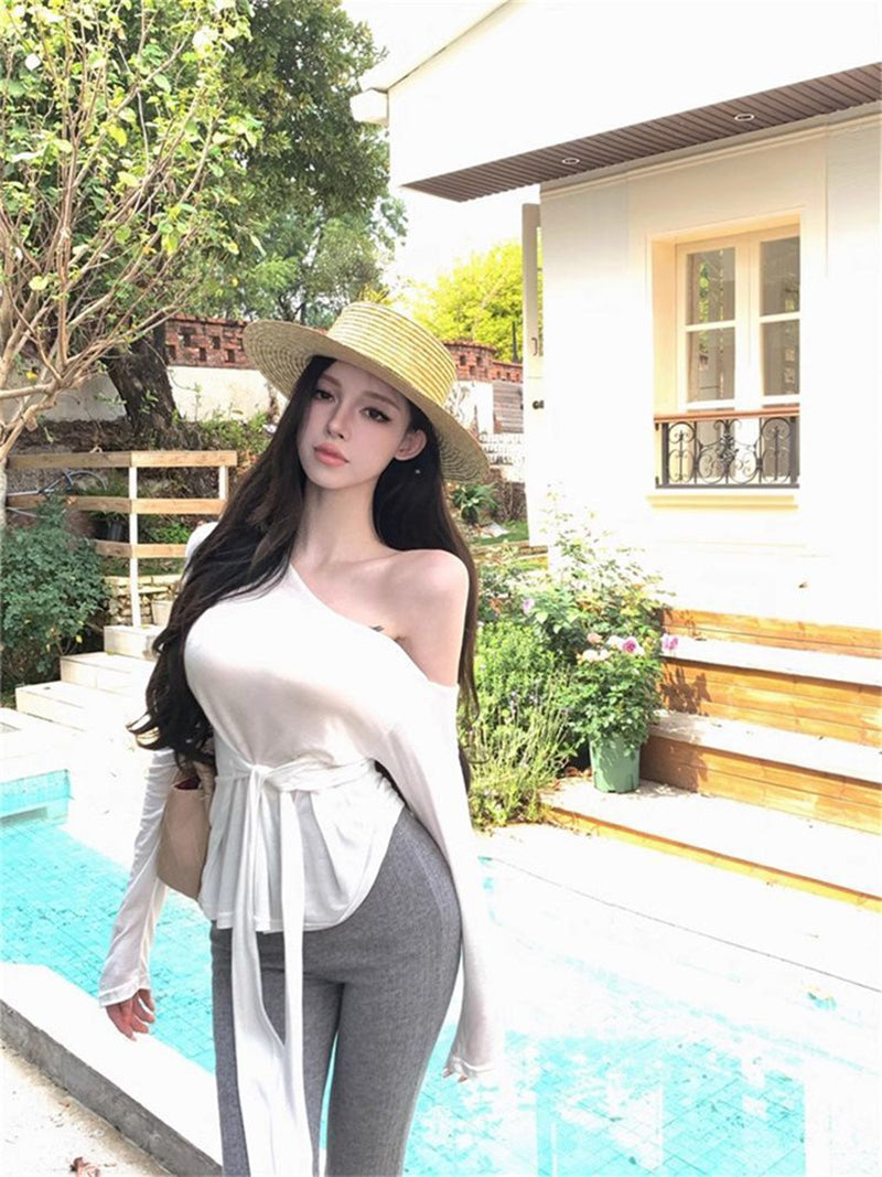 Women One Shoulder Waist Tie-Ups Long Sleeves Top