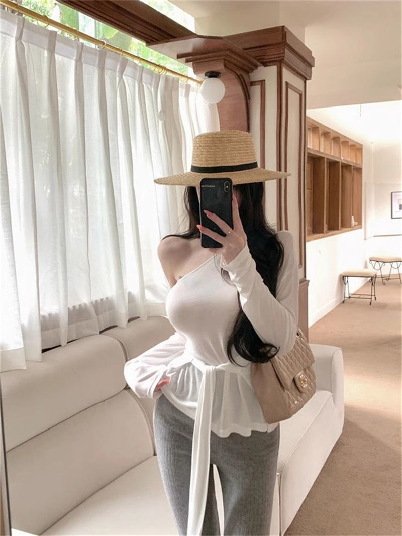 Women One Shoulder Waist Tie-Ups Long Sleeves Top