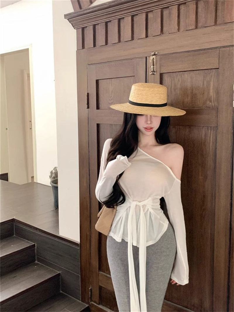 Women One Shoulder Waist Tie-Ups Long Sleeves Top