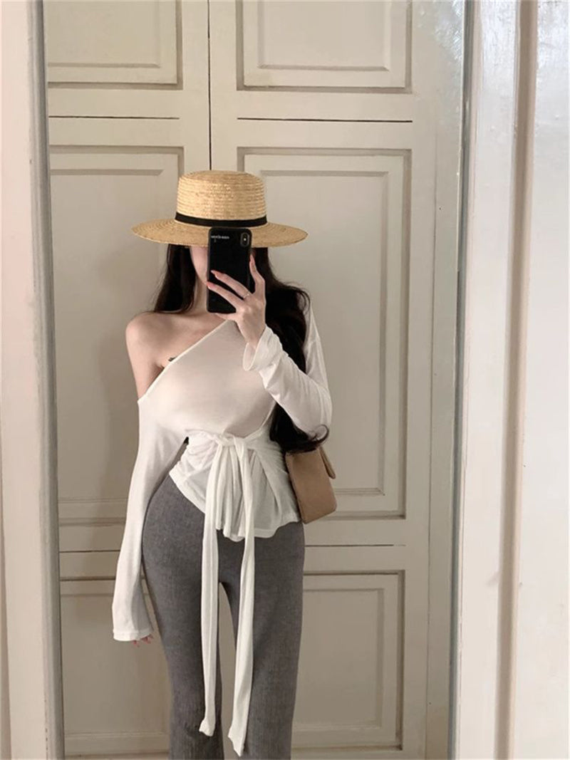 Women One Shoulder Waist Tie-Ups Long Sleeves Top