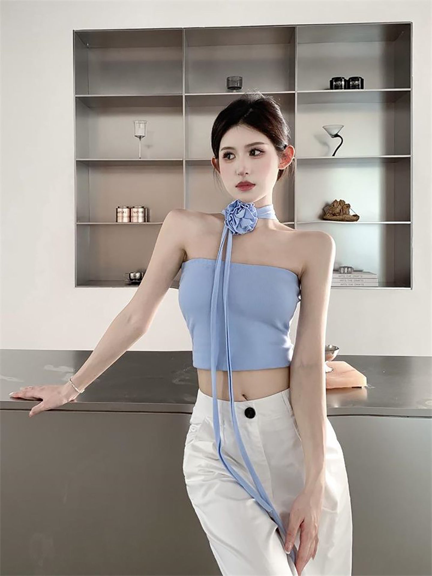 Women Solid Scarf Neck Crop Top