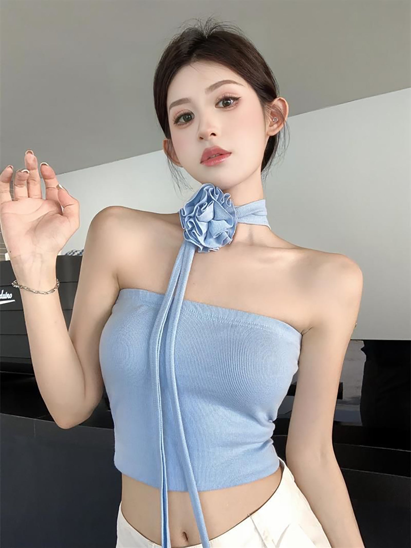 Women Solid Scarf Neck Crop Top