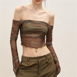 Women Off-Shoulder Extended Sleeves Net Crop Top