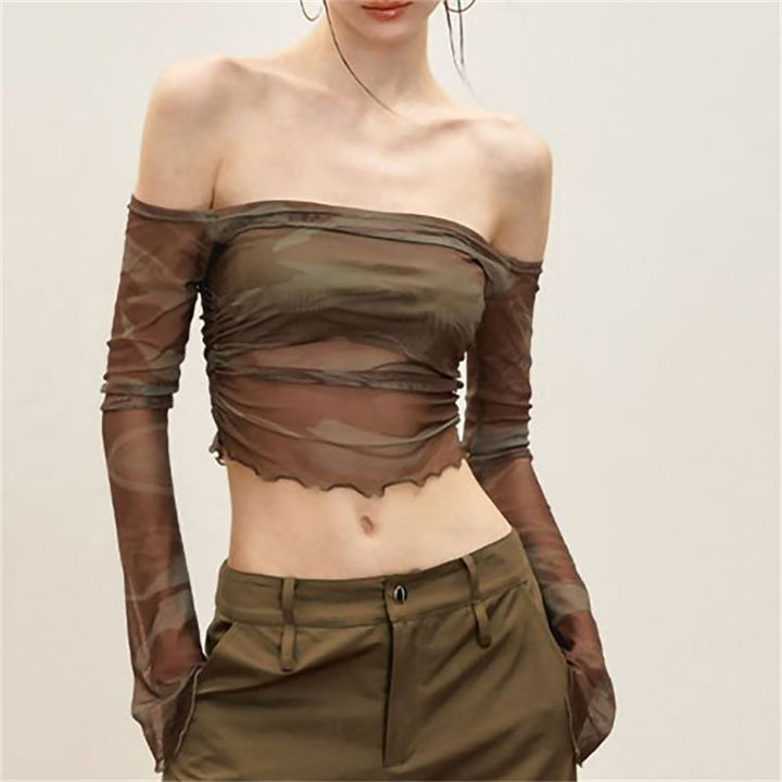 Women Off-Shoulder Extended Sleeves Net Crop Top