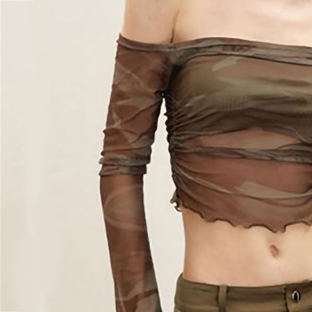 Women Off-Shoulder Extended Sleeves Net Crop Top