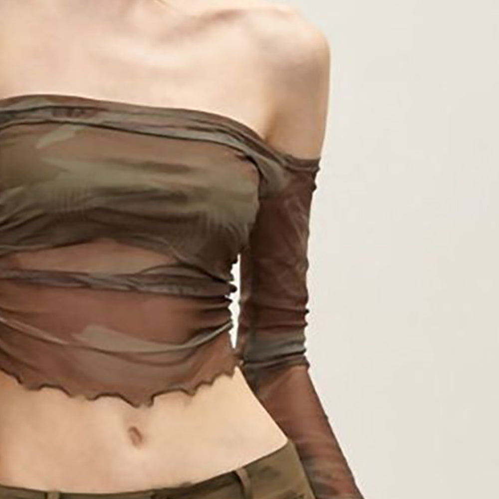 Women Off-Shoulder Extended Sleeves Net Crop Top