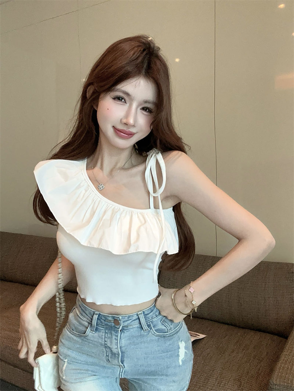 Women Ruffles Georgette Fitted Crop Top