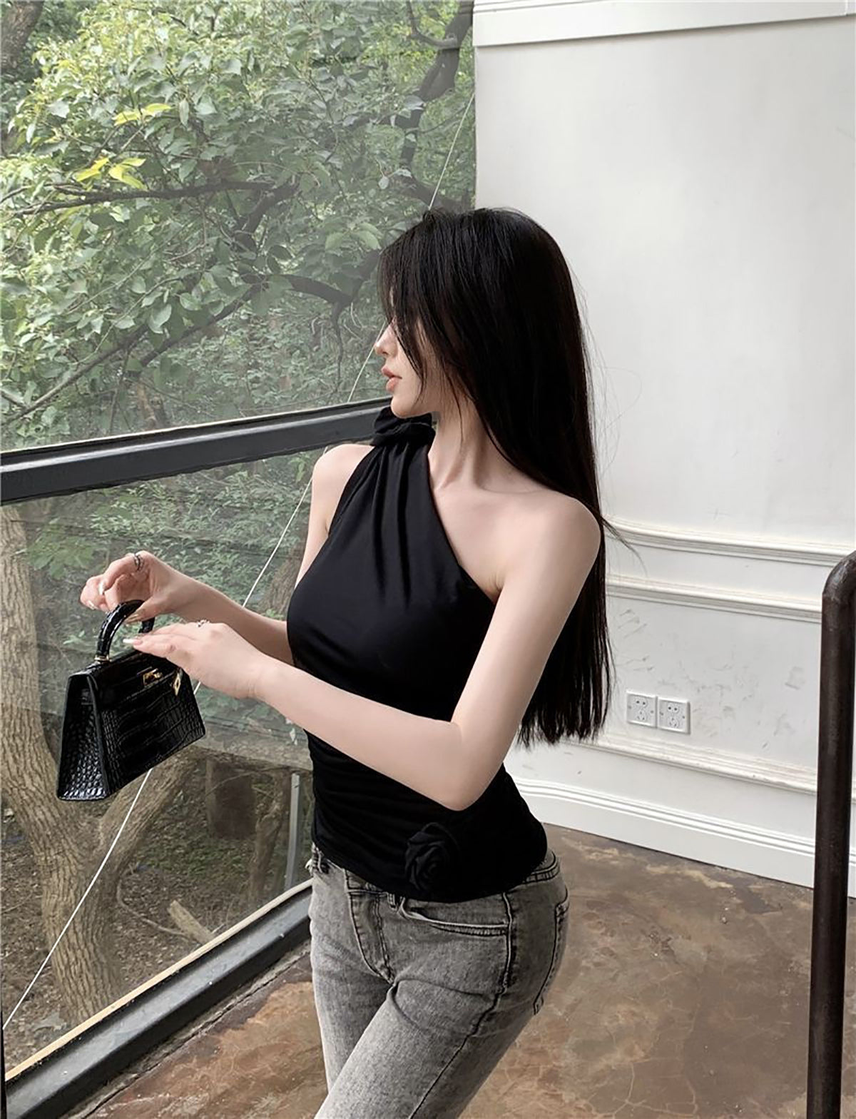 Women Solid One Shoulder Top