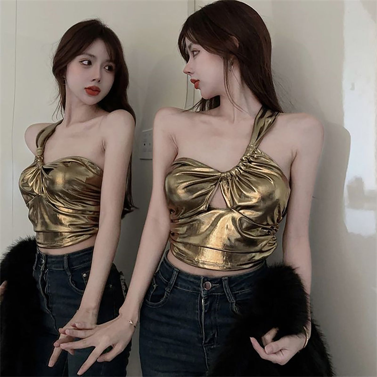 Women Shimmer One Shoulder Crop Top