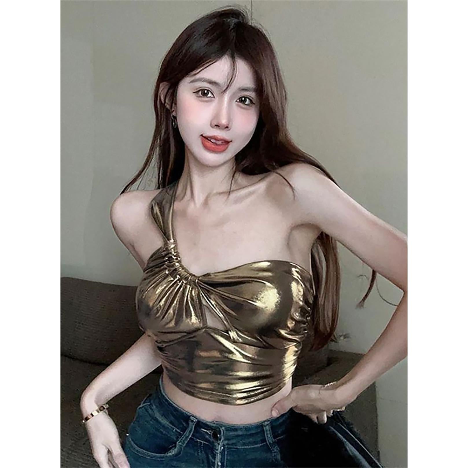 Women Shimmer One Shoulder Crop Top
