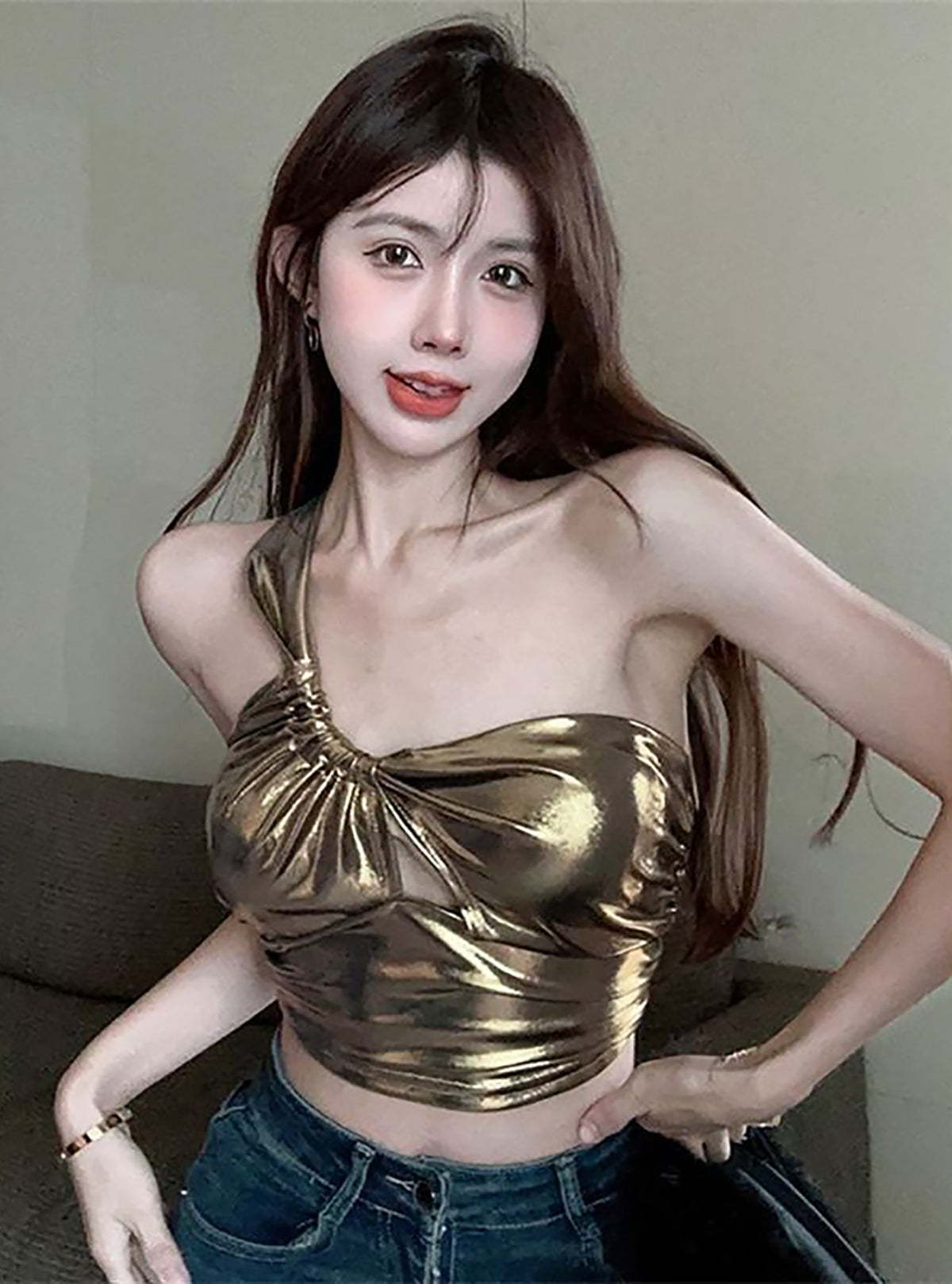 Women Shimmer One Shoulder Crop Top