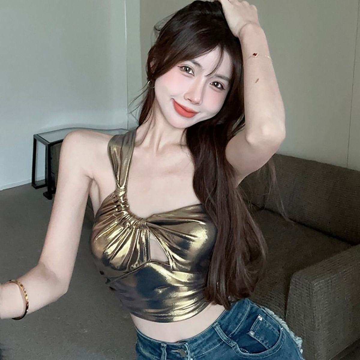 Women Shimmer One Shoulder Crop Top