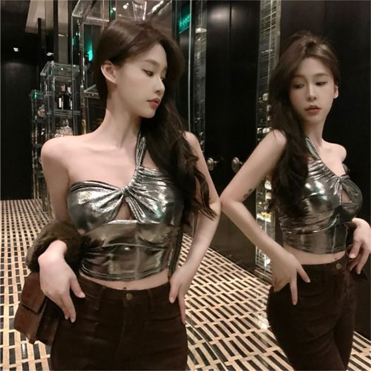Women Shimmer One Shoulder Crop Top