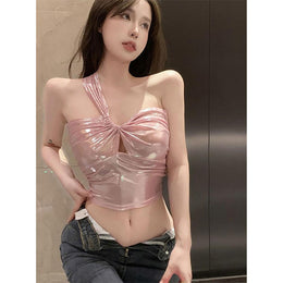 Women Shimmer One Shoulder Crop Top