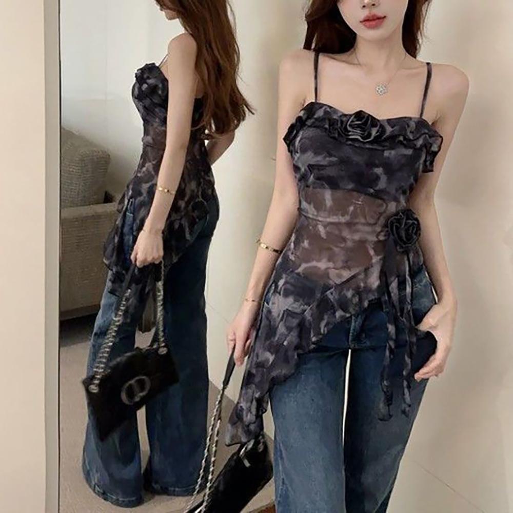 Women Shoulder Straps Printed Net Top