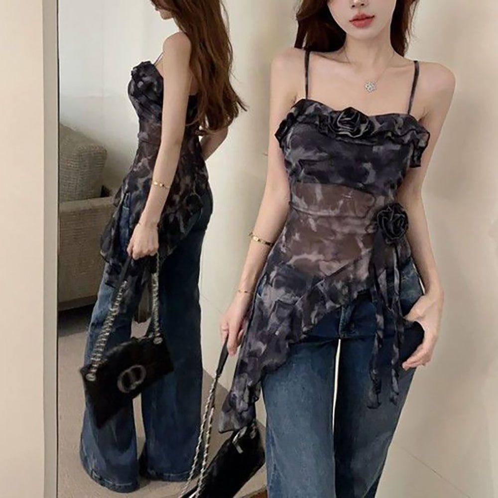 Women Shoulder Straps Printed Net Top