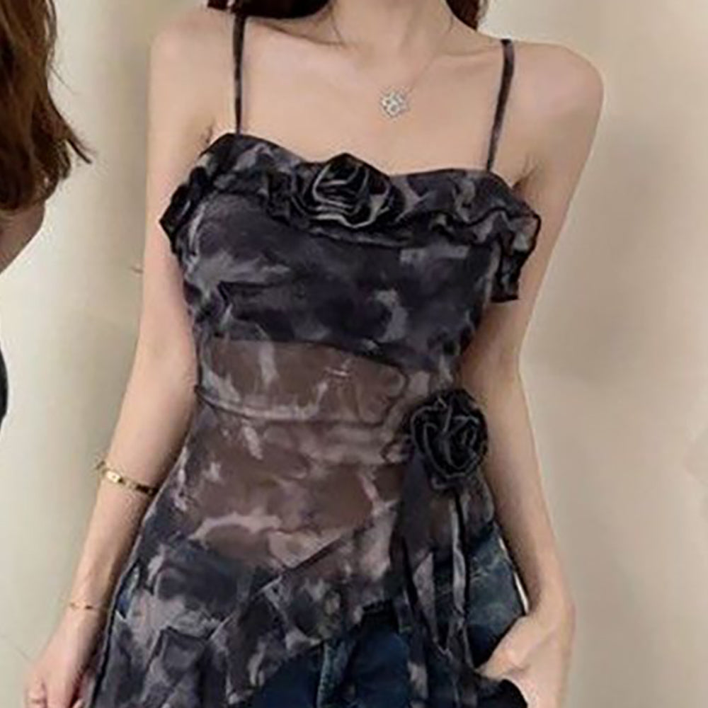 Women Shoulder Straps Printed Net Top