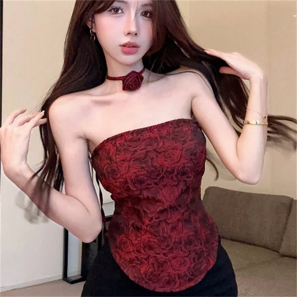 Red Floral Embroidered Strapless Tube Top
