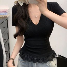 Women Solid Lace Insert Crop Top