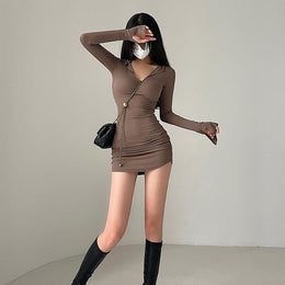 Women Shirt Collar Bodycon Mini Dress