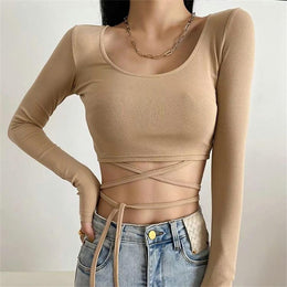 Women Solid Waist Tie-Ups Crop Top