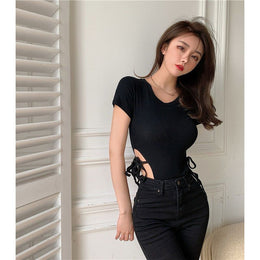 Women Round Neck Short Sleeves Fitted Top With Cut Out