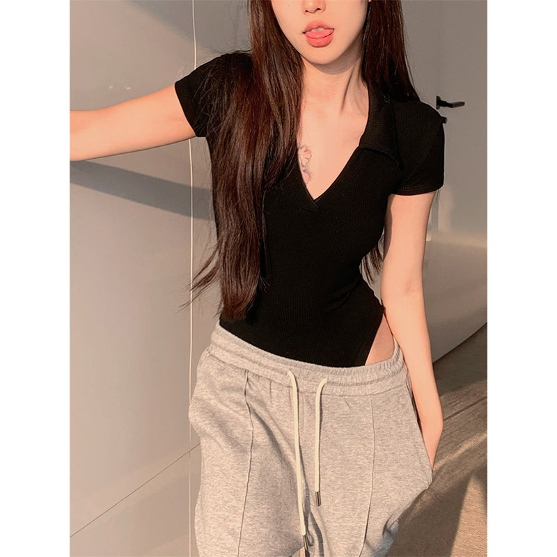 Women Solid V-Neck Short Sleeves Bodysuit Top