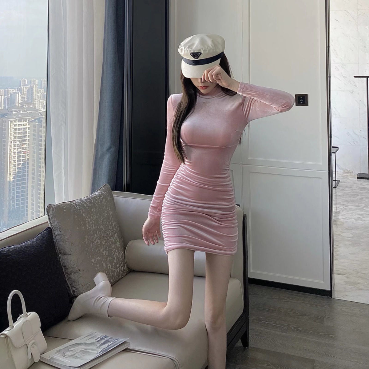 Women Mock Neck Bodycon Mini Dress