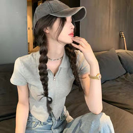 Grey Solid Shirt Collar Crop Top with Short Sleeves