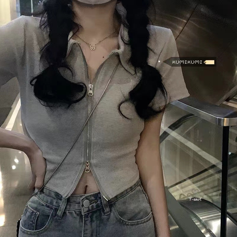 Grey Solid Shirt Collar Crop Top with Short Sleeves