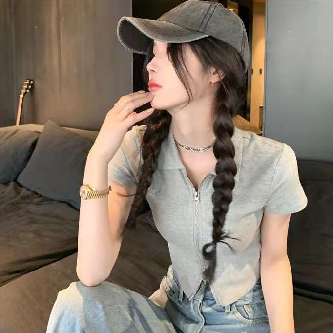 Grey Solid Shirt Collar Crop Top with Short Sleeves