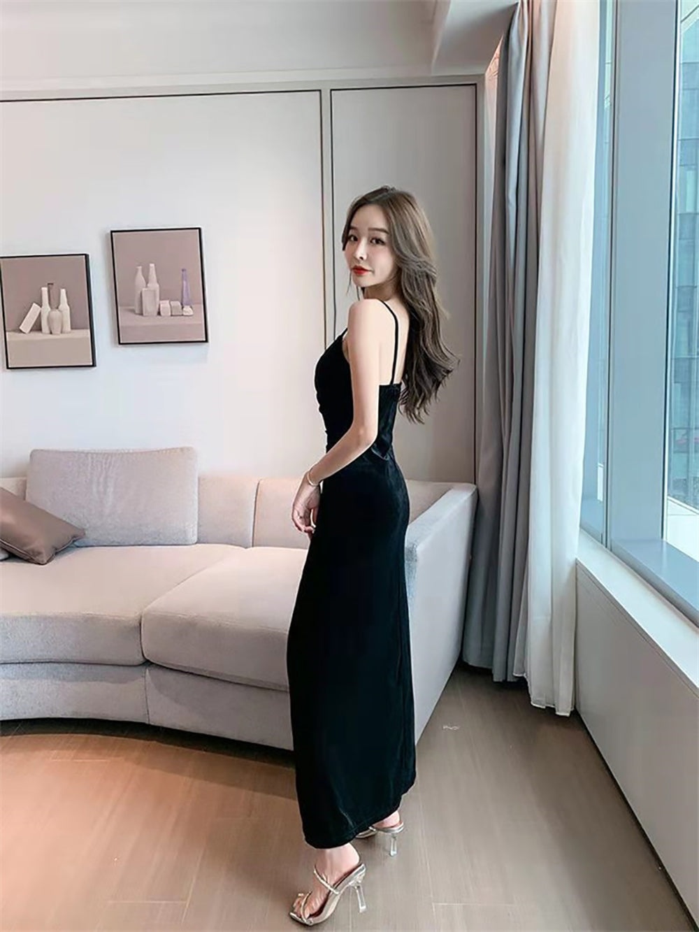 Shoulder Straps Satin Sheath Maxi Dress