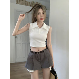 Women Solid Sleeveless Shirt Style Crop Top