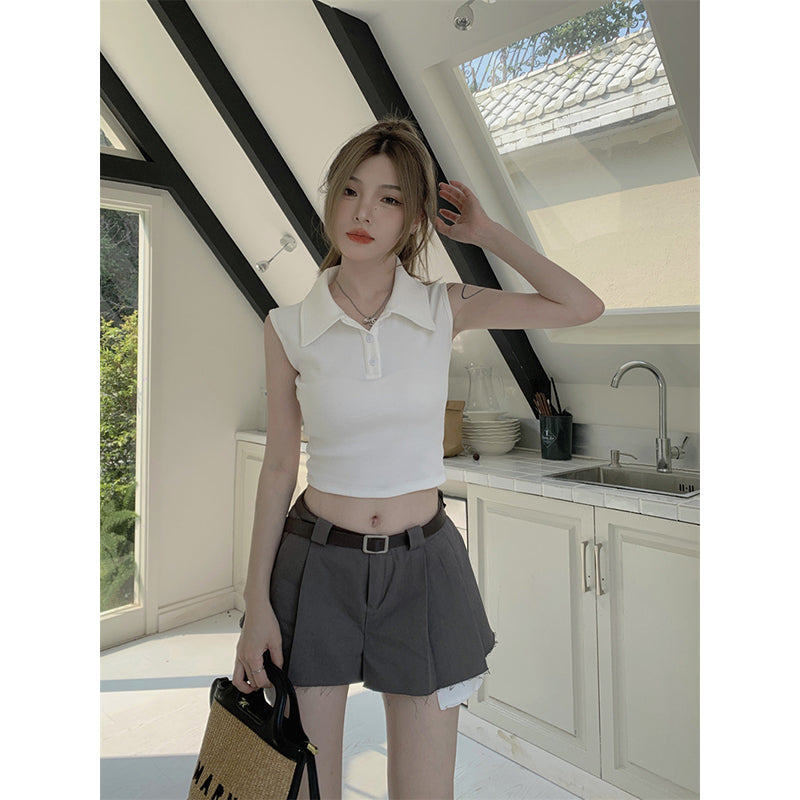 Women Solid Sleeveless Shirt Style Crop Top